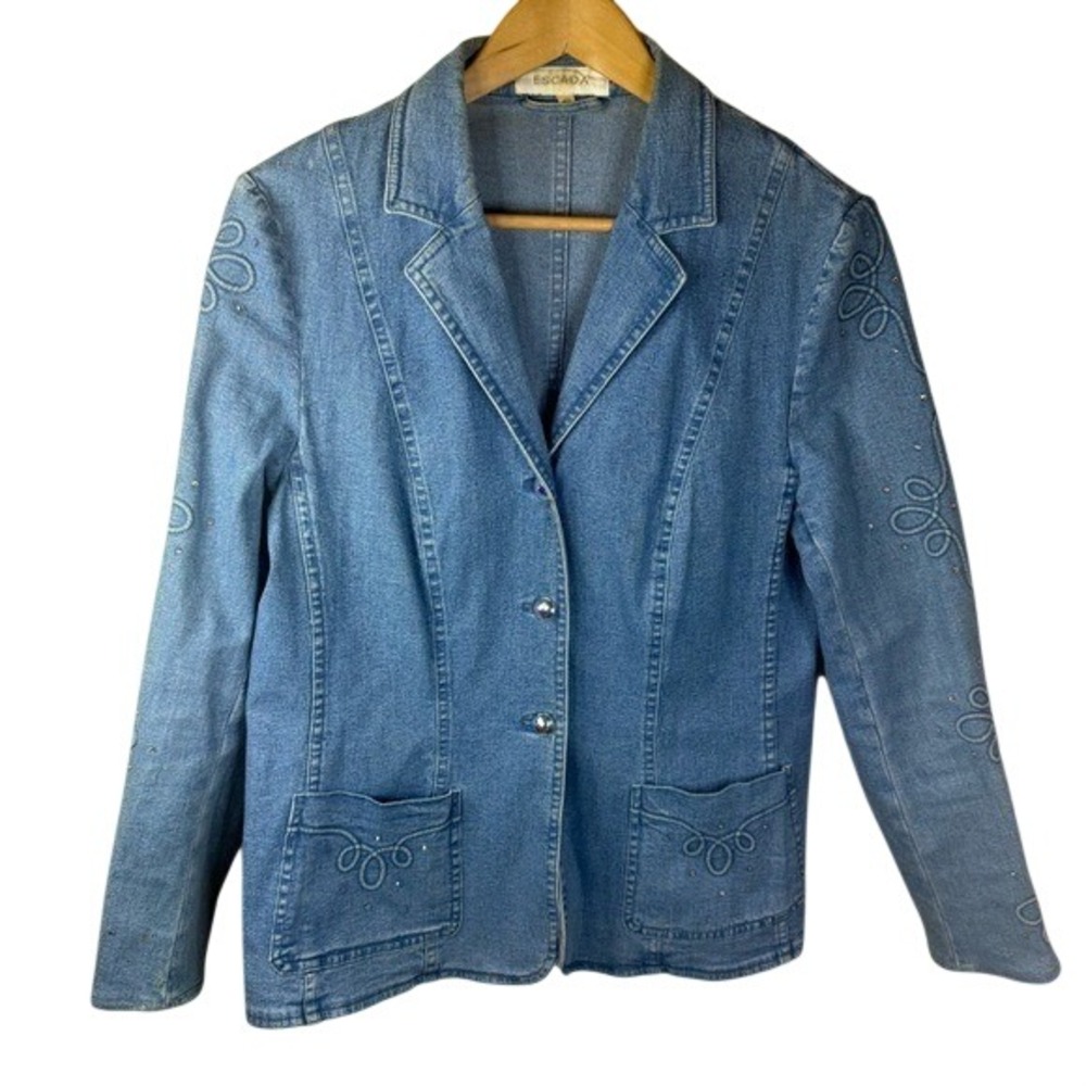Escada Fitted Denim Blazer Jacket with Embroidery/Rhinestones Size 42 Blue US 12